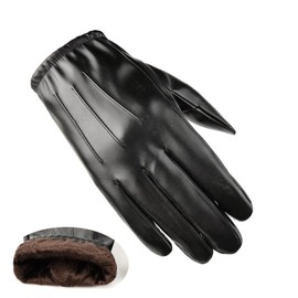 YAMEIZE Men Leather Touchscreen Gloves Warm - Winter PU Leather Gloves for Dress Party Outdoor Driving (Black-Thick)