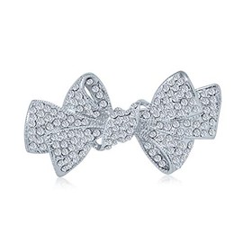 Bling Jewelry Dainty Romantic Winter Wedding Holiday White Glittering Crystal Bridal Fashion Accent Ribbon Bow Brooch Pin for Women Silver Plated