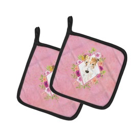 Caroline's Treasures CK4199PTHD Fox Terrier Pink Flowers Pair of Pot Holders Kitchen Heat Resistant Pot Holders Sets Oven Hot Pads for Cooking Baking BBQ, 7 1/2 x 7 1/2