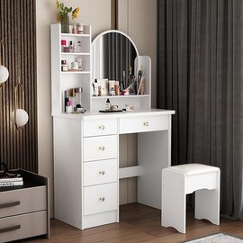 Upgraded Makeup Vanity Set with 5 Drawers, Light Shelf, Round Mirror, and Cushioned Stool - Color: White(No Light) , Type: No Light