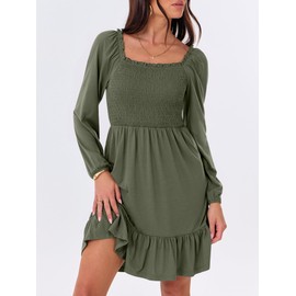 ANRABESS Womens Long Lantern Sleeve Square Neck Dress Smocked Tiered High Waist Ruffle Flowy Swing 2025 Fall Short Dresses Army Green Medium