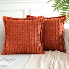 Artscope Orange Cushion Covers Set of 2 Corduroy Decorative Square Striped Pillowcase with Stitched Edge Pillow Covers 40x40cm for Home Decor Sofa Bedroom Car
