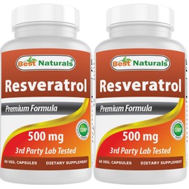 Best Naturals 2 Packs Resveratrol Complex 500 mg 60 Veg Capsules Made with Grape Skin, Red Wine, Quercetin - Gluten Free & Non GMO - (Total 120 Capsules)