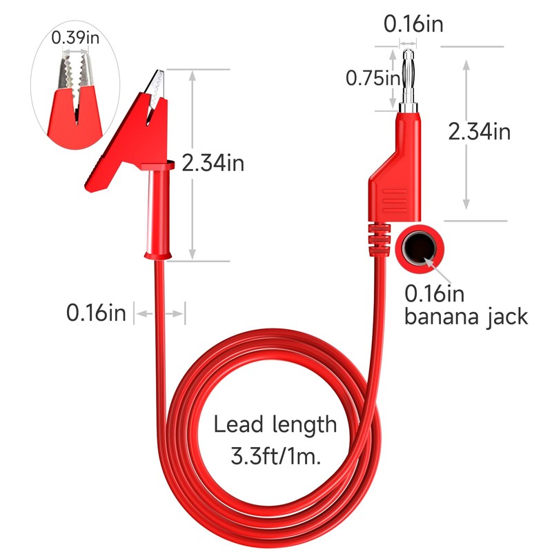 Cleqee 10PCS Stackable 4mm Banana Plug to Crocodile Clip Test