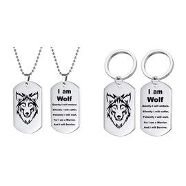 COLORFUL BLING 2PCS Wolf Pendant Necklace Keychain Set I am Wolf Fans Gift Dog Tag Jewelry
