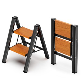 WOA WOA Step Ladder, Widening Pedals for Extra Balance, Lightweight Step Stool, Easy to Move Around, Foldable Ladder, Space Saving, Anti-Slip Stepladder 300 lbs Capacity (2 Step, Black & Wood Grain)