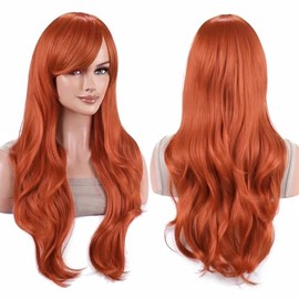 IMISSU 28 Inch/70cm Long Hair Water Wavy Wigs with Bangs Cosplay Costume Wig (Dark Orange)