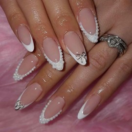 EYZOTSF Press on Almond Nails Medium Length Glossy Full Cover Acrylic Almond Shaped False Nails with Designs Artificial Fake Nail with Charms Glue Stick ons Fingernails for Women Girls(A100607)