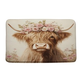 Highland Cow Bath Mat Rustic Farmhouse Animal Brown Highland Cow Pink Flower Vintage Farm 17.8"x29.5" Print Microfiber Memory Foam Bathroom Decor Mat/Rug