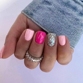 Short False Nails - 24pcs Glitter Pink Stick on Nails - Fake Nails with Glue in 12 Sizes - Removable Glossy Full Cover French Tip False Nails for Women Girls