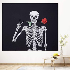 Pretty Jolly Black and White Rose Skull Tapestry Wall Hanging Cool Skeleton Tapestries for Women Men Kids Boys Girls,Fantasy Tapestry Wall Art for Bedroom Living Room Dorm Home Decor(51.2" x 59.1")