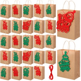 Kolldenn 24 Set Large Christmas Gift Bags Bulk with Merry Christmas Fabric Pendant, Christmas Kraft Paper Bags with Handles Christmas Party Gift Bags for Xmas Holiday Party Favors(Train Style)