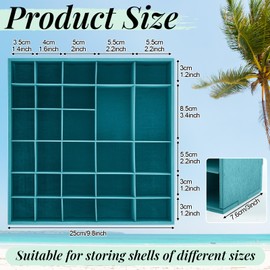 Threehoney Seashell Holder - Wooden Turquoise Shadow Box with 28 Grids Memory Display Case - Ocean Themed, Coastal Room Decor Storage Organizer for Shells, Beads, Treasures, 9.8x9.8x3 Inch