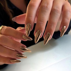Mirror Metal Bronze Press on Nails Almond Shaped Chrome Glazed Medium Almond Nails Press on Bling Shiny Plating Nails Acrylic Nails Reusable Fake Nails for Women Stiletto Glue on Nails Medium Length