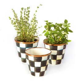 MACKENZIE-CHILDS Enamel Herb Pots, Small Plant Pots for Herbs or Flowers, Set of 3, Black-and-White Courtly Check