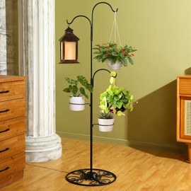 Blulu 34-55 Inch Adjustable Black Iron Shepherd Hook with Base Indoor Outdoor Hanging Plant Stand Wind Chime Stand Bird Feeder Flower Basket for Garden Plants Weddings Event Home Christmas Decor