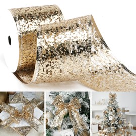 MAYREEL Champagne Mesh Wired Ribbon 2.5 Inch Metallic Sequin Glitter Web Wired Ribbon Champagne Ribbon for Christmas Tree, Gift Wrapping, Crafts, Topper Bows, Wreaths, Holiday Decor, Garland, 10 yards