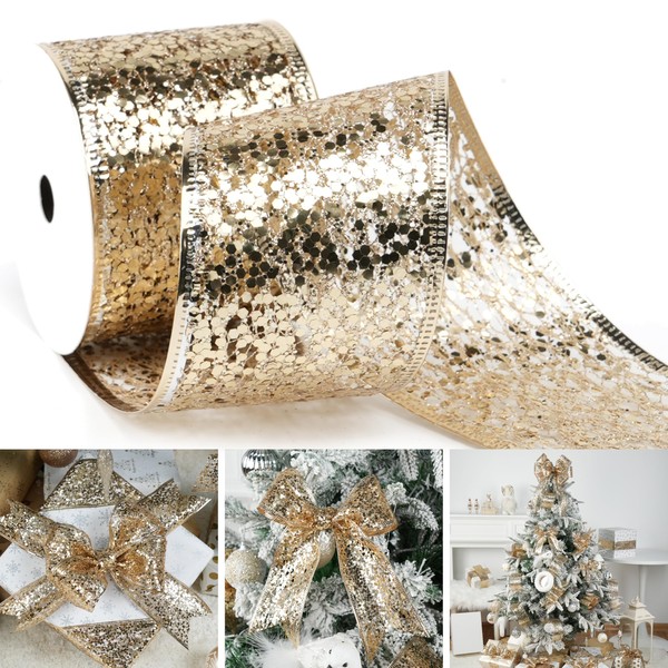 MAYREEL Champagne Mesh Wired Ribbon 2.5 Inch Metallic Sequin Glitter