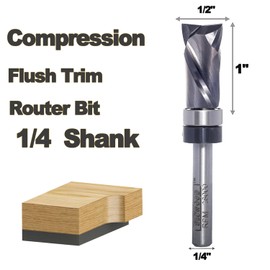 SICWOOD Compression Top Bearing Flush Trim Router Bit 1/4 Shank - 1/2" Cutting Dia, 1" Cut Height, Carbide Spiral Up-Down Pattern Template Flush Cut Router Bit, for Wood Trimming