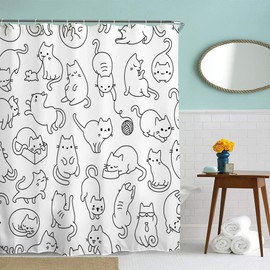 IcosaMro Cat Shower Curtain for Bathroom with Hooks, Black and White Cute Cartoon Colorful Kittens Funny Decorative Long Cloth Fabric Shower Curtain, 71x72 Inches