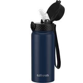 Kids Water Bottle, GOPPUS 18 Oz Stainless Steel Travel Bottle, Double Wall Vacuum Leak Proof Kids Cup for School Boys Girls, Navy Blue