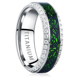 TUNGSTORY Titanium Rings for Men 8mm Silver Men's Wedding Bands with Black Celtic Dragon and Green Carbon Fiber Inlay Cubic Zirconia Promise Ring for Him Size 7