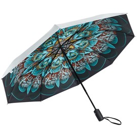 G4Free UPF 50+ UV Protection Travel Umbrella 46 Inch Windproof Silver Coating Sun Blocking Umbrella (Peacock/Silver)