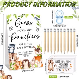 Roowest 512 Pcs Baby Shower Games Guess How Many Pacifiers Sign 100 Small Guessing Games 10 HB Pencils 750ml Milk Bottle 400 Acrylic Pacifiers Decoration for Guest Gender Reveal(Bright,Woodland)