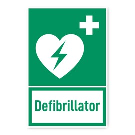 Sticker: 300 x 200 mm, 1 piece, automated external defibrillator (AED), rescue sign with text (German) (green/white), portrait - E010 - DIN EN ISO 7010 / ASR A1.3