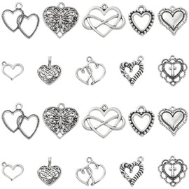 Ornazy 100 pcs 10 Styles Tibetan Style Love Heart Charms Antique Silver Heart Charms Vintage Heart Shape Charms for Jewellery Making Bracelets Necklace