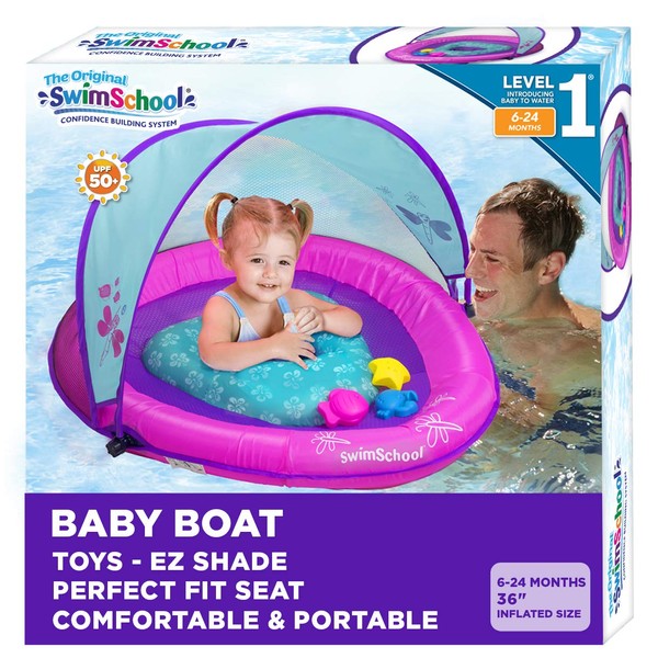 SwimSchool Deluxe Baby Pool Float with Adjustable Canopy - 6-24 Months - Baby Swim Float with Splash & Play Activity Center Safety Seat - Pink/Aqua