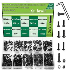 Zmbroll 660Pcs M2 Button Head Hex Socket Cap Screws Fully Threaded Metric Machine Screws M2x4/6/8/10/12/16/20mm Mini Screw 10.9 Grade Alloy Steel Black Oxide Bolts Nuts Washer Assortment Kit