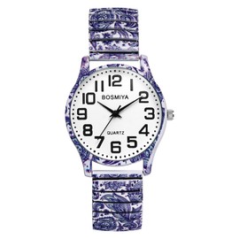 OIDEA Elastic Strap Watches for Women: Bohemia Flower Easy Reader Stretch Band Watch Large Face Big Number Analog Quartz Bracelet Watches Ladies Watch