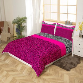 Pink Leopard Duvet Cover Set Single Size, Black White Zebra Print Bedding Set 2pcs for Kids Boys Girls Room Decor, Wild Animal Print Comforter Cover Cheetah Print Quilt Cover with 1 Pillowcase