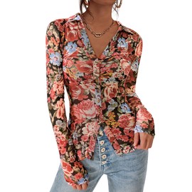 PRETTYGARDEN Women Button Down Floral Shirts 2025 Fall Trendy Long Sleeve V Neck Ruched Fitted Mesh Blouse Tops Date Outfits (Black Floral,Small)