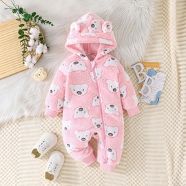 Yanmucy Newborn Baby Winter Hooded Romper Cartoon Bear Baby Snowsuit Warm Fleece Zipper Baby Girl Boy Jumpsuit 0-18 Months (Pink, 0-3 Months)