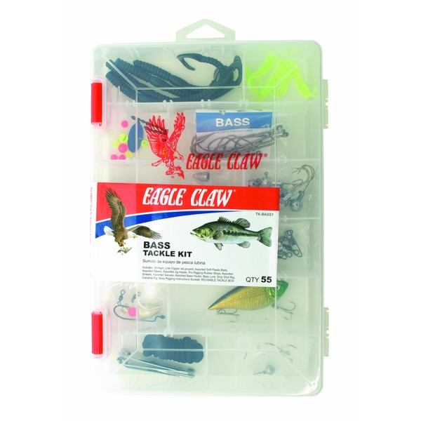 EAGLE CLAW BASS TACKLE KIT, 55 PIECES, CONTAINS ASSORTMENT OF HOOKS, SINKERS AND TACKLE FOR FRESHWATER BASS FISHING