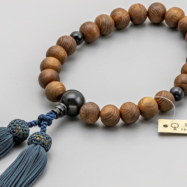 Buddhist Altar Prayer Beads, Japanese Wood, Saga, Blue Trame, Pure Silk Bassel, Made in Japan, Can be Used in Any Sect for Men