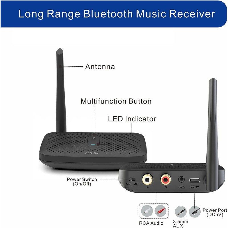 Besign BE-RCA Pro Long Range Bluetooth Adapter for Bluetooth Music