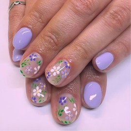 Flower Press on Nails Short Square Fake Nails with Elegant Purple Flowers Design, Glossy Gel False Nails Kit Glue Stick on Nails, 12 Sizes - 24 Nail Kit Nail File and Adhesive Tabs Included