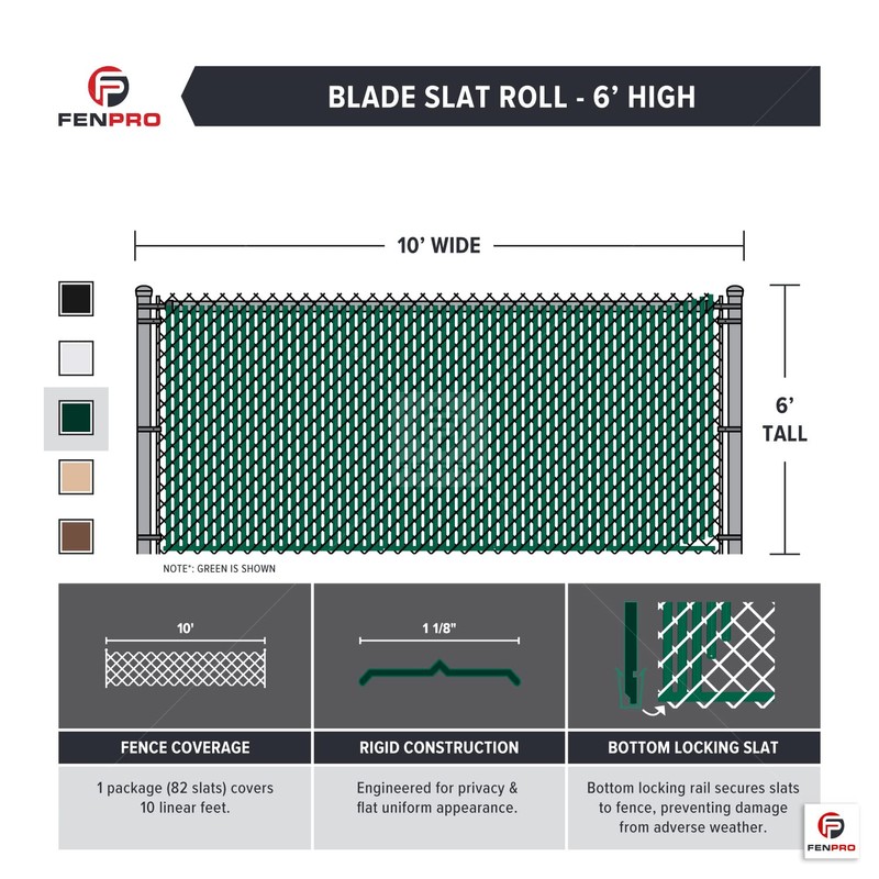 Chain-Link Fence Blade Slats with Bottom Lock (6-ft, Green)
