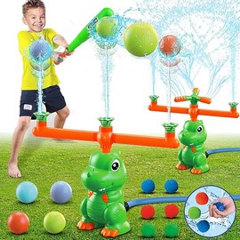 VATOS Dinosaur Sprinkler & Splash Baseball & Water Ball Toy 4 in 1, Outdoor Water Spray Toy with 360° Rotating Sprinkler Head, 3 Water Column Nozzle, Summer Backyard Garden Lawn Water Games for Kids