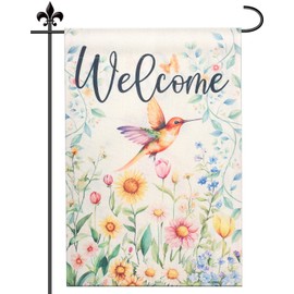 Spring Garden Flag, 12x18 Inch Double Sided Welcome Spring Flags Sign Hummingbird Colorful Flowers Seasonal Summer Flag for Yard Farmhouse Holiday Outside Outdoor Decorations