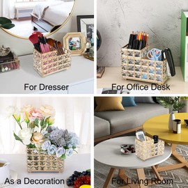 Hipiwe Crystal Remote Control Holder Gold Bling Makeup Brush Organizer Remote Caddy Candle Holder Tabletop Pen Pencil Storage Holder for Dresser Office Bathroom,2-Slot