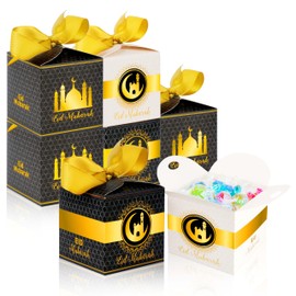 DPKOW 15 Exquisite Eid Gift Boxes Bags, Eid Mubarak Treats Boxes with Ribbon, Small Eid Party Boxes for Present Candy Cookie, Black Gold White Eid al-Fitr Boxes, Islamic Mosque Pattern 6.5*6.5*6.5cm