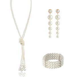 Scinzene Women's Pearl Necklace, 3-Piece 20s Accessories Set, Faux Pearl Necklace, Earrings and 4-Row Pearl Bracelet in 1920s Style, 1, 1