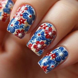 Independence Day Press on Nails 4th of July Fake Nails Medium Square Glue on Nails Red Blue Flower Stick on Nails Patriotic Decoration Glossy Acrylic Nails Full Cover Artificial False Nails for Women
