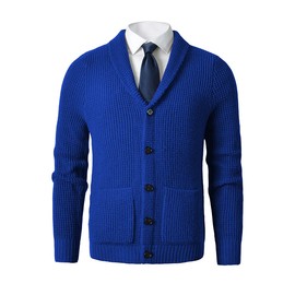 Men's Shawl Collar Cardigan Sweater - Cable Knit, Button-Up, Merino Wool - A Modern Classic That Never Goes Out of Style_Blue_XXXXXX-Large