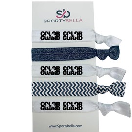Color Guard Hair Ties Set – 6pc Elastic No-Crease Ponytail Holders with Black Glitter Band, Bold Logo Print and Chevron Design, SportyBella Accessories for Girls and Marching Band Gifts