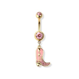 Pierced Owl 14GA 316L Stainless Steel CZ Crystal Paved Cowboy Boot Belly Button Ring (Gold Tone/Pink)